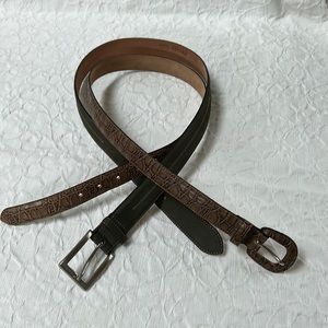 Lot of 2 Tanner Leather Belts Brown leather Green Suede Italian M